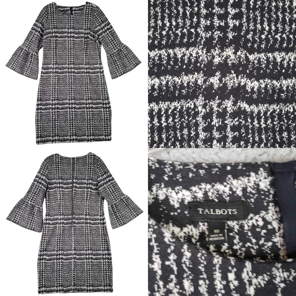 Talbots Sheath Dress Womens Size 10 Gala Glen Black White Plaid Bell Sleeve New - Picture 2 of 8